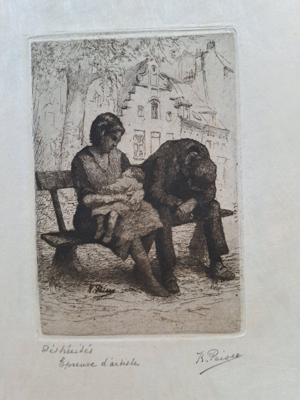 PEISER Kurt "Déshérités" ets op Japans papier, Antiquités & Art, Art | Eaux-fortes & Gravures, Enlèvement ou Envoi, Eau-forte