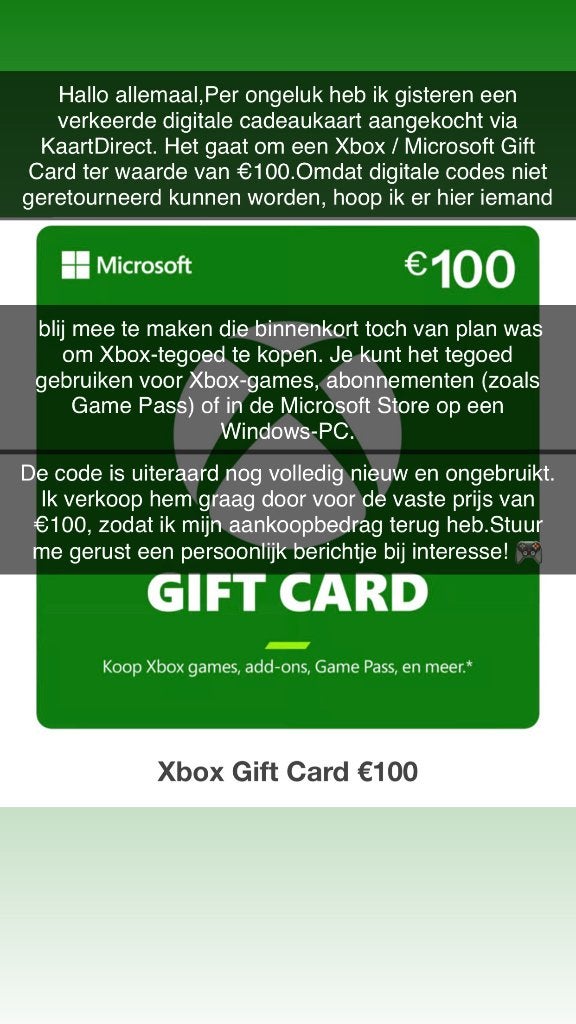Xbox Gift Card €100 – Verkeerd aangekocht, Games en Spelcomputers, Games | Xbox One, Ophalen, Overige genres, 1 speler, Nieuw