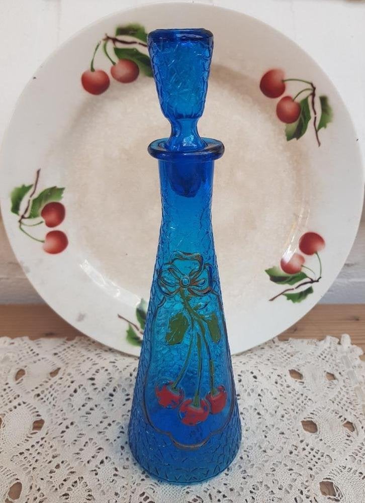 Oud Frans brocante blauw glazen karafje, stop flesje, kersen, Antiek en Kunst, Ophalen of Verzenden