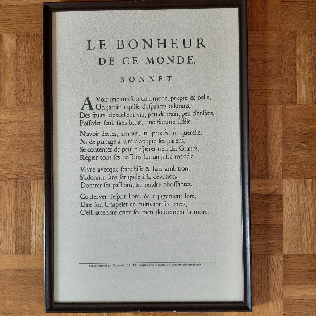 Sonnet ingekaderd "Le bonheur de ce monde" - C. Plantin, Ophalen, Gebruikt, 32 cm, 49 cm