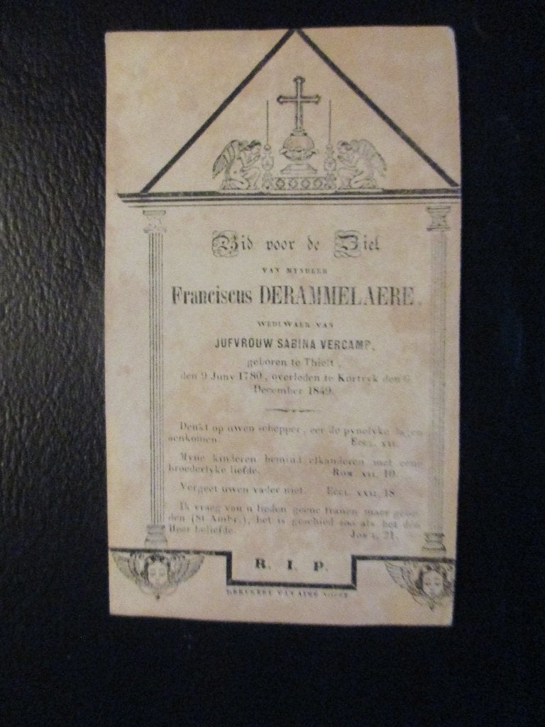 bidprentje 1780 Tielt DERAMMELAERE Franciscus, Envoi, Image pieuse