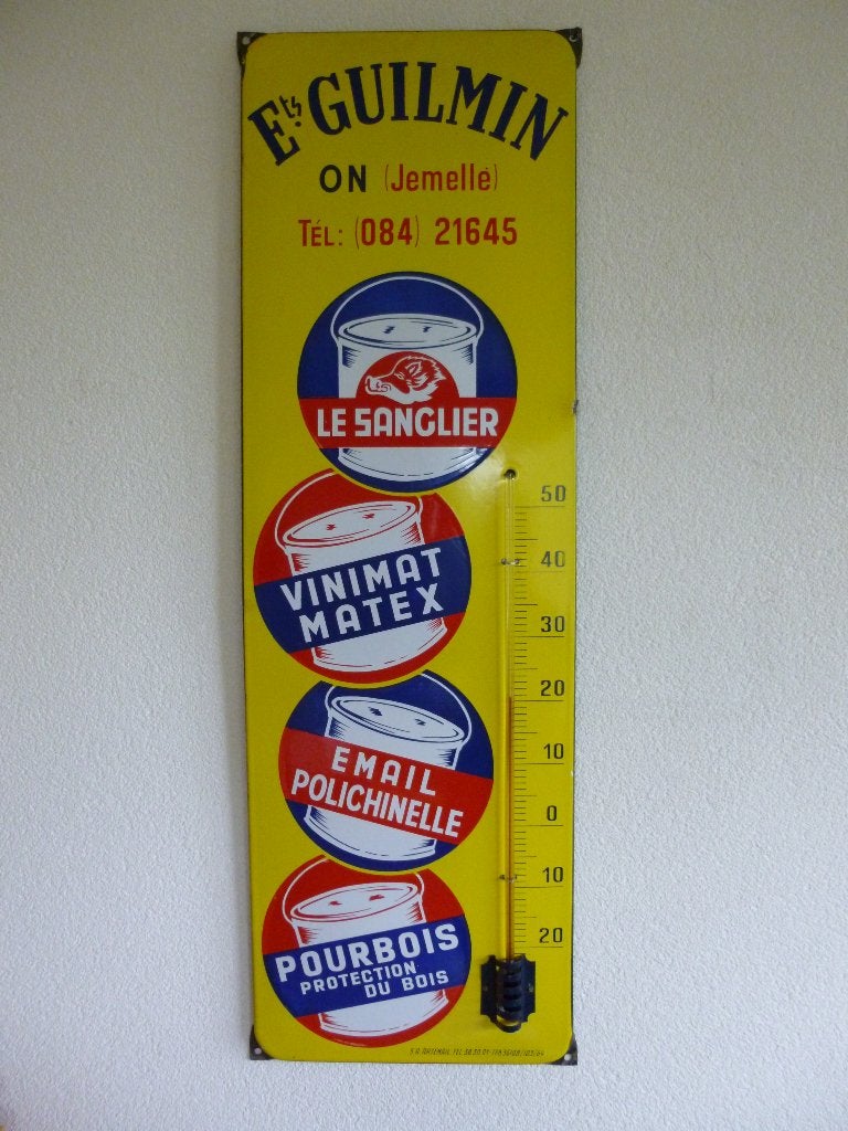 THERMOMÈTRE PUBLICITAIRE EN ÉMAIL « ETS. 1964 GUILMIN », Collections, Enlèvement ou Envoi, Utilisé, Panneau publicitaire