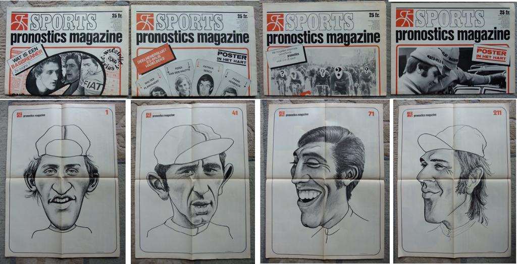 Unieke set 4 Sports Pronostics jaren '70 + wielerkarikaturen, Ophalen of Verzenden, Zo goed als nieuw