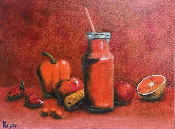 « Red Smoothie » (peinture à l'huile de Kuijken, 30x40 cm), Antiquités & Art, Enlèvement ou Envoi, Peinture à l'huile, Nature morte