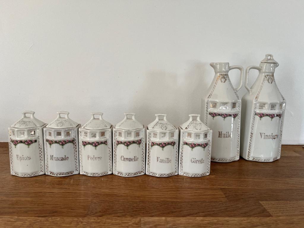 Vintage keukenset – kruidenpotjes & olie/azijn – brocante, Enlèvement