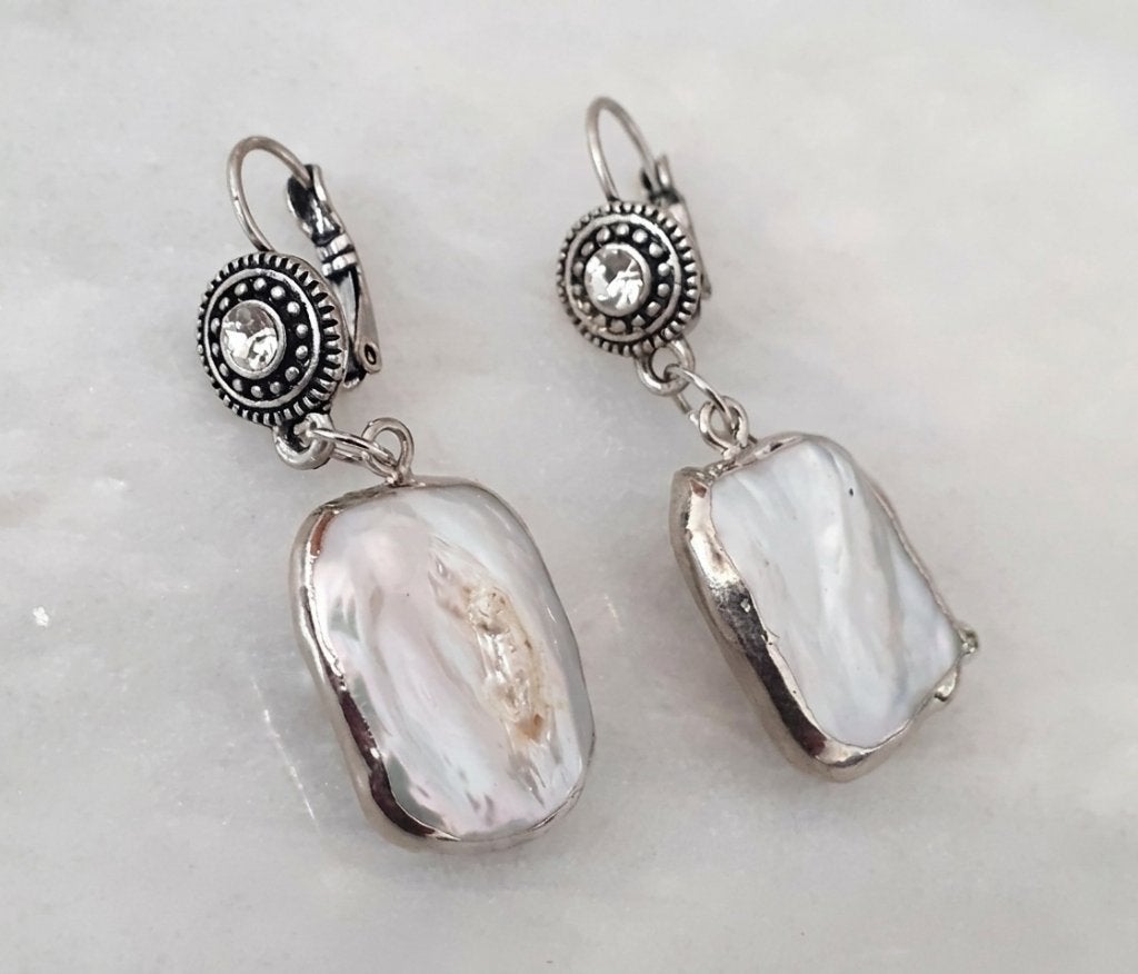 oorbellen hangers zilver met strass en zoetwaterparel, Bijoux, Sacs & Beauté, Boucles d'oreilles, Neuf, Avec pierre précieuse