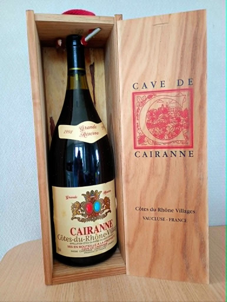 Magnum Cairanne Grande Réserve 1998+origineel houten kistje, Frankrijk, Ophalen of Verzenden, Zo goed als nieuw, Rode wijn