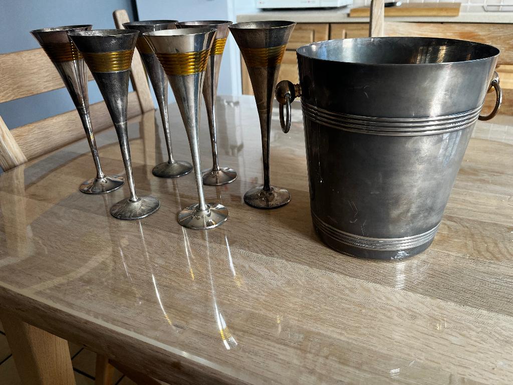 Verzilverde chapagne emmer verzilverde glazen, Antiek en Kunst, Ophalen