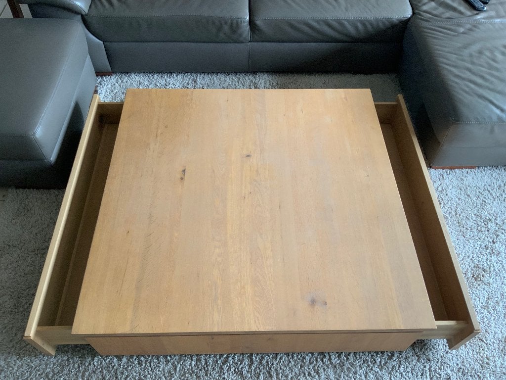 Salontafel met 2 grote lades - 110 x 110 cm, Huis en Inrichting, Tafels | Salontafels, Ophalen, Vierkant, Zo goed als nieuw, Landelijk met moderne uitstraling