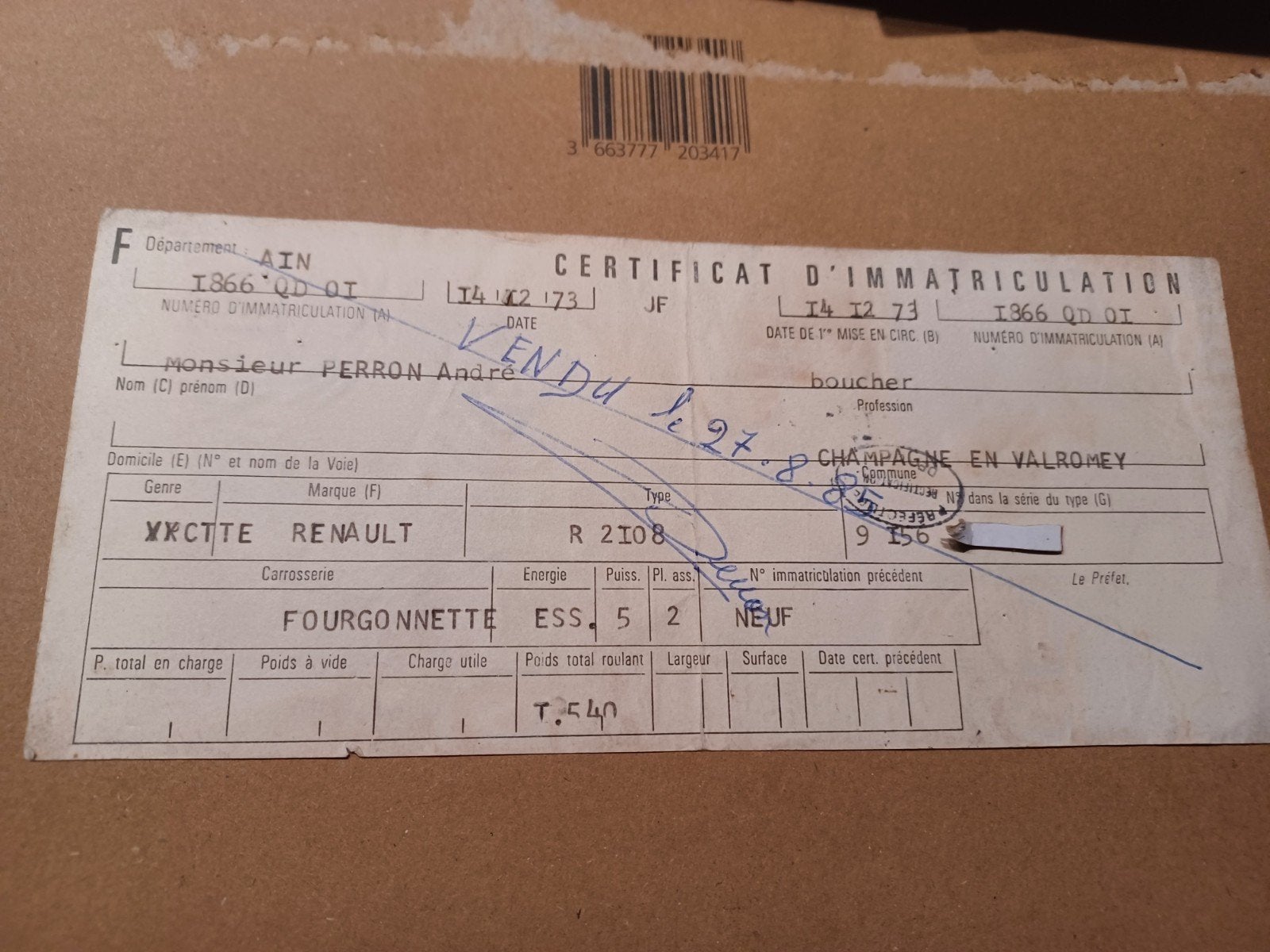 Carte grise Renault 4 camionette pour collectionneur, Enlèvement ou Envoi