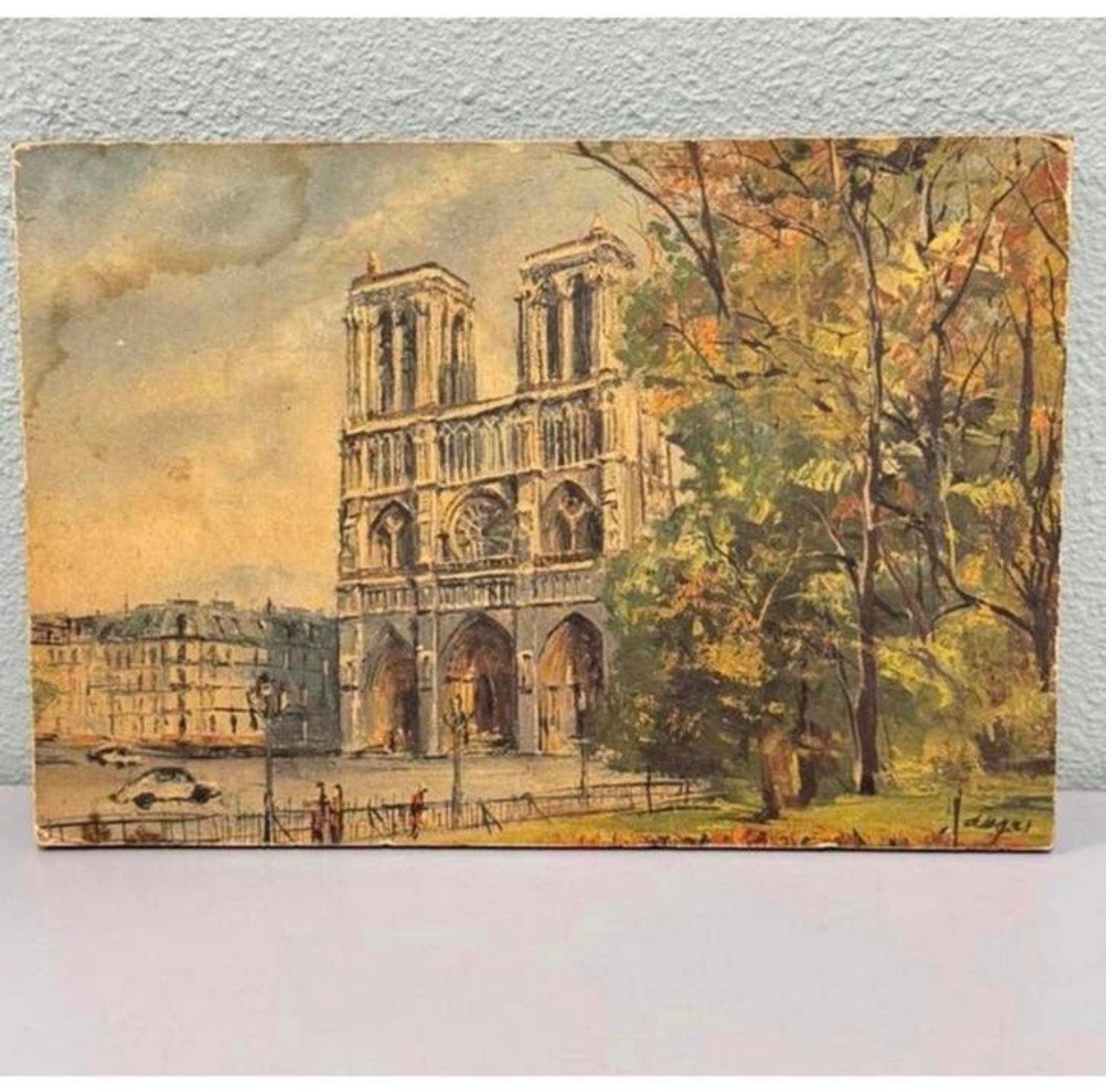 Schilderij Notre Dame Kathedraal Parijs Frankrijk op Hout vt, Ophalen of Verzenden, Gesigneerd, Landschap