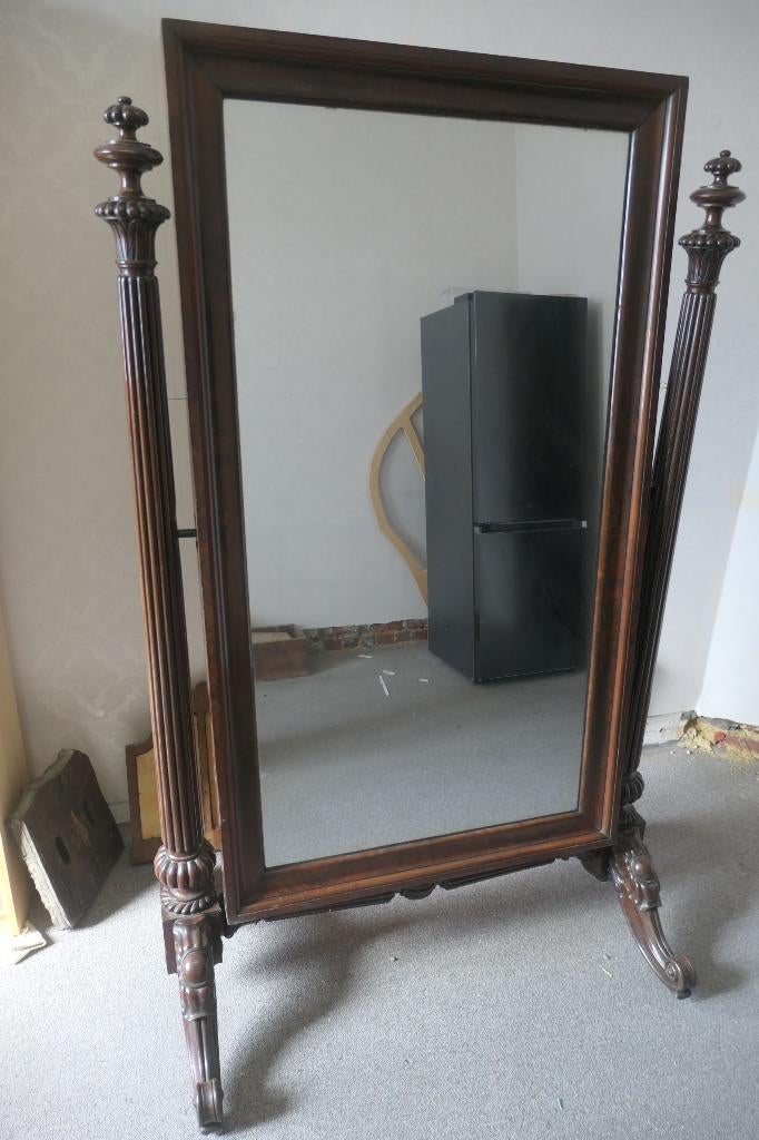 Antieke vrijstaande spiegel met massief houten frame, Antiek en Kunst, Ophalen, Rechthoekig, 100 tot 150 cm, 150 tot 200 cm