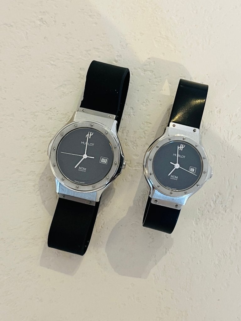 Lot 2X vintage quartz Hublot horloge voor man en vrouw, Montre-bracelet, Autres marques, Enlèvement ou Envoi, Acier