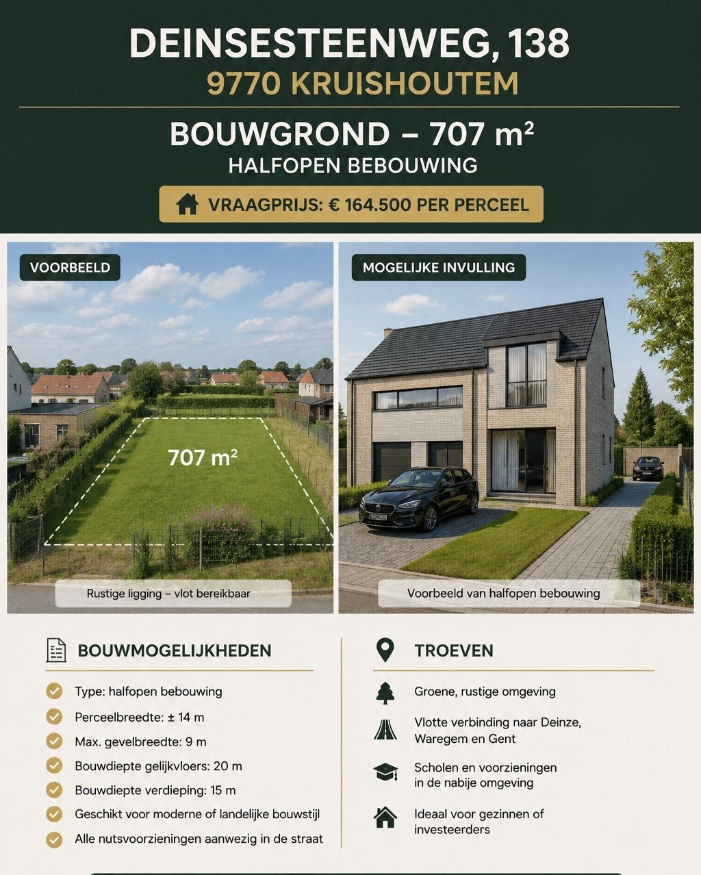 “Bouwgrond 707 m² Kruishoutem – 14 m breed – HOB”, Immo, Kruisem, 500 tot 1000 m²