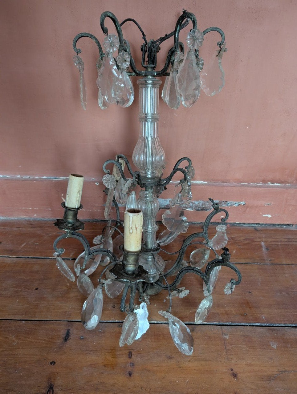 Kroonluchter van kristal en brons met kwastjes - te restaure, Ophalen, Gebruikt, Glas, Classique