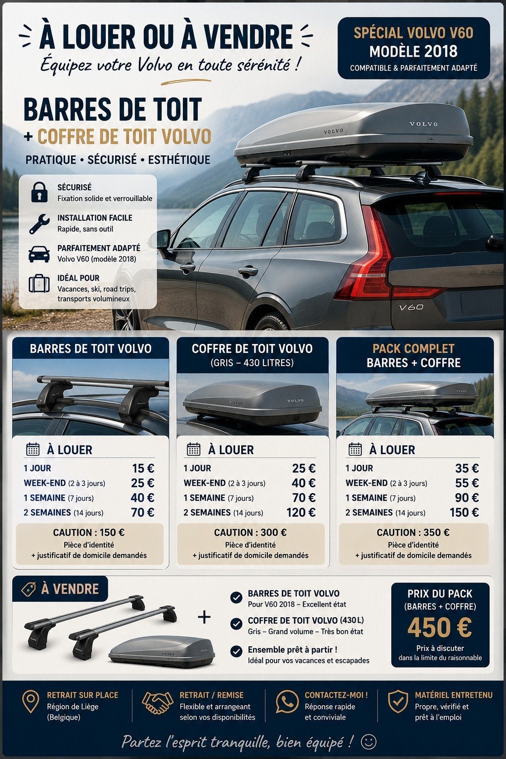 Barre de toit et coffre de toit V60, Autos : Divers, Coffres de toit