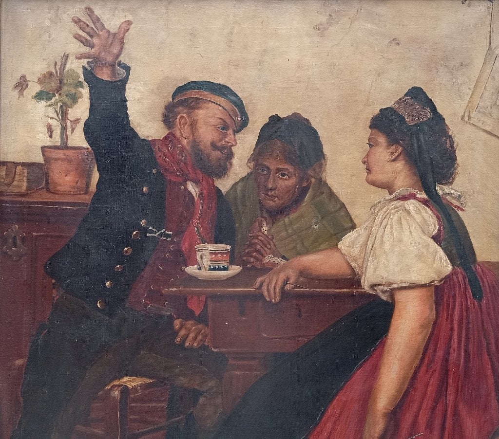 GRAND TABLEAU ANCIEN A VERHEUGHE à KARL GUSSOW, Portrait ou Personnes, Enlèvement ou Envoi, Signé, Peinture à l'huile