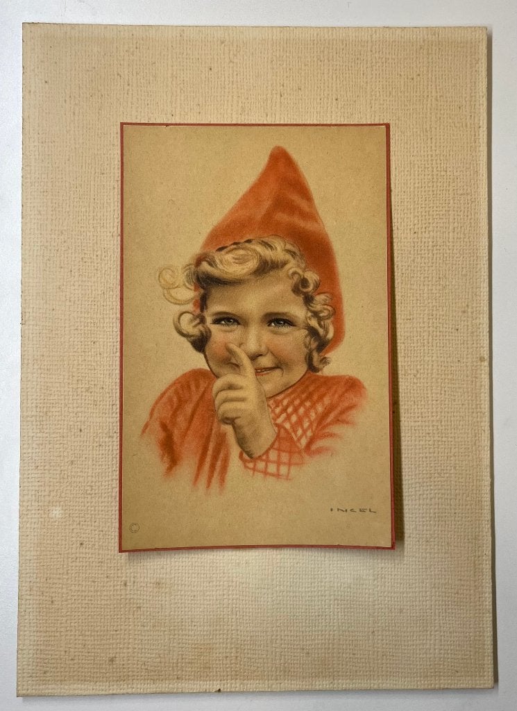 Vintage kinderprent "Ingel"  – ca. jaren 1940-1950, Envoi, Dessin, Autres techniques, Signé