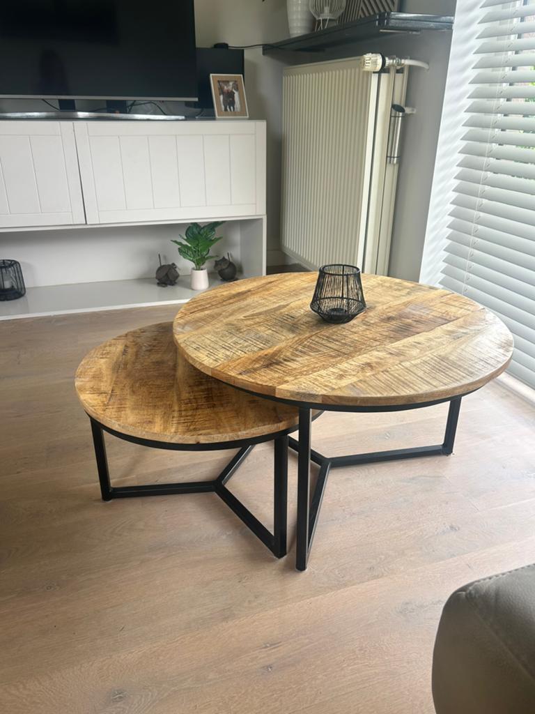 Stoere industriële mangohouten salontafel set van 2, Enlèvement, Utilisé