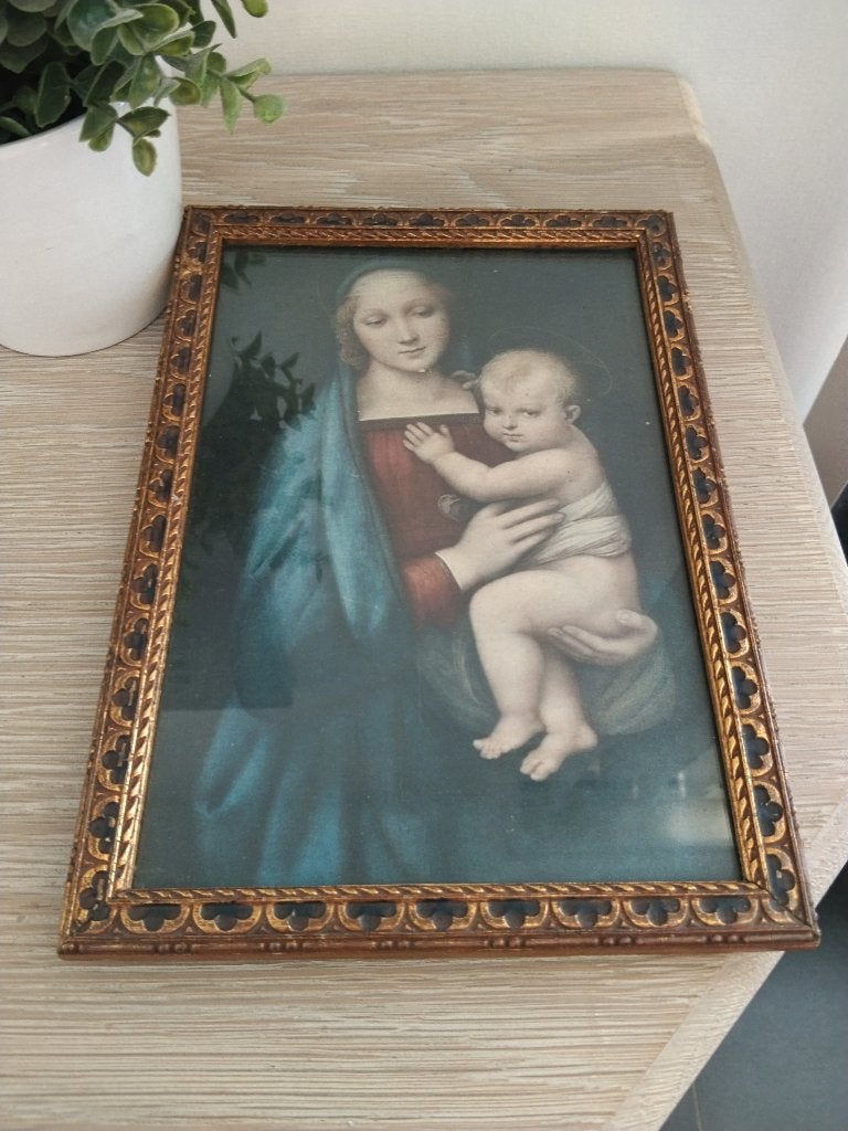 vintage houten kader/fotolijst met prent achter glas, Vintage, Ophalen of Verzenden, Zo goed als nieuw, Achter glas