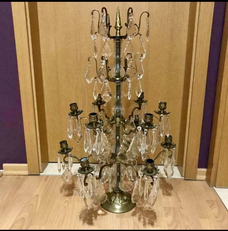 Bougeoir ancien avec pendentifs en cristal, Maison & Meubles, Lampes | Lustres, Comme neuf, Enlèvement