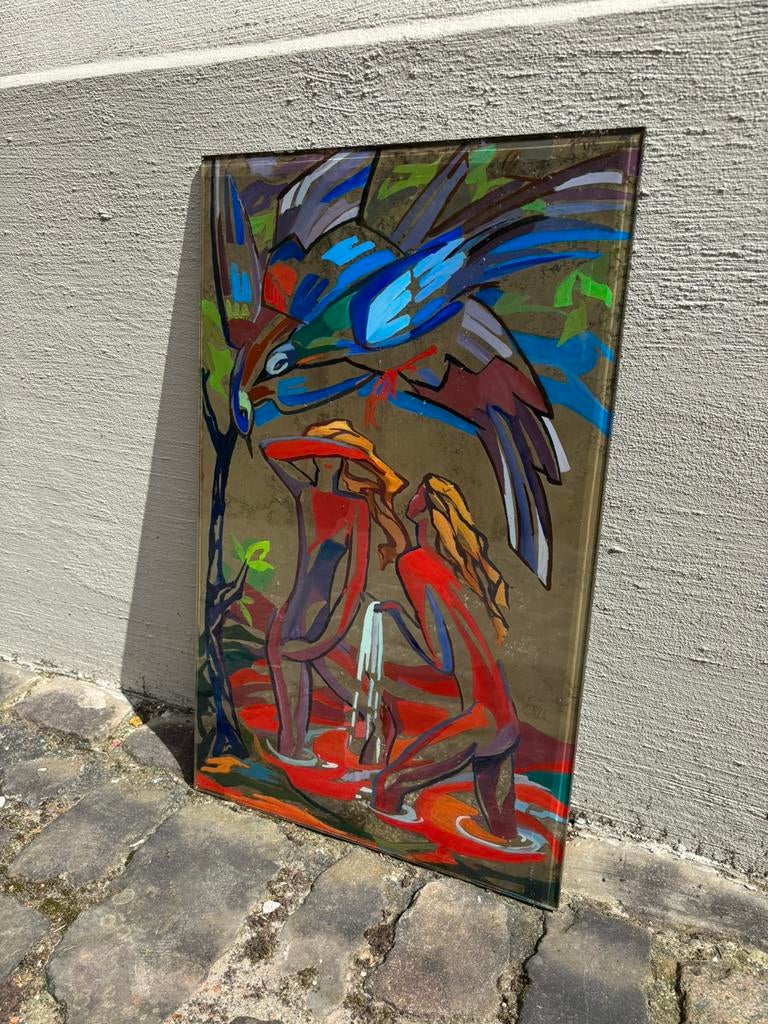 Achterglasgeschilderd schilderij van vrouwen in meer (‘50), Antiek en Kunst, Ophalen