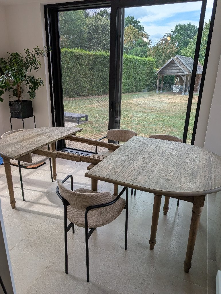Massief uitschuifbare tafel mat 85-210cm lang en 120cm breed, Huis en Inrichting, Ophalen, Landelijk modern, 100 tot 150 cm, Eikenhout