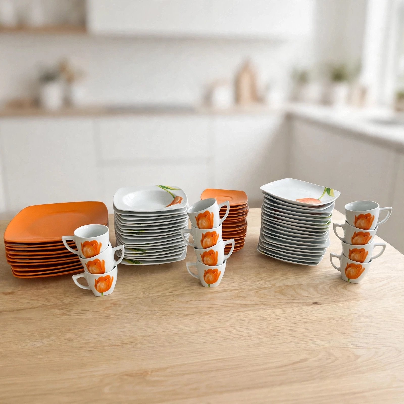 Modern Vierkant Servies 46-delig - Oranje Tulp - 12 pers, Enlèvement, Comme neuf, Moderne, Assiettes(s)