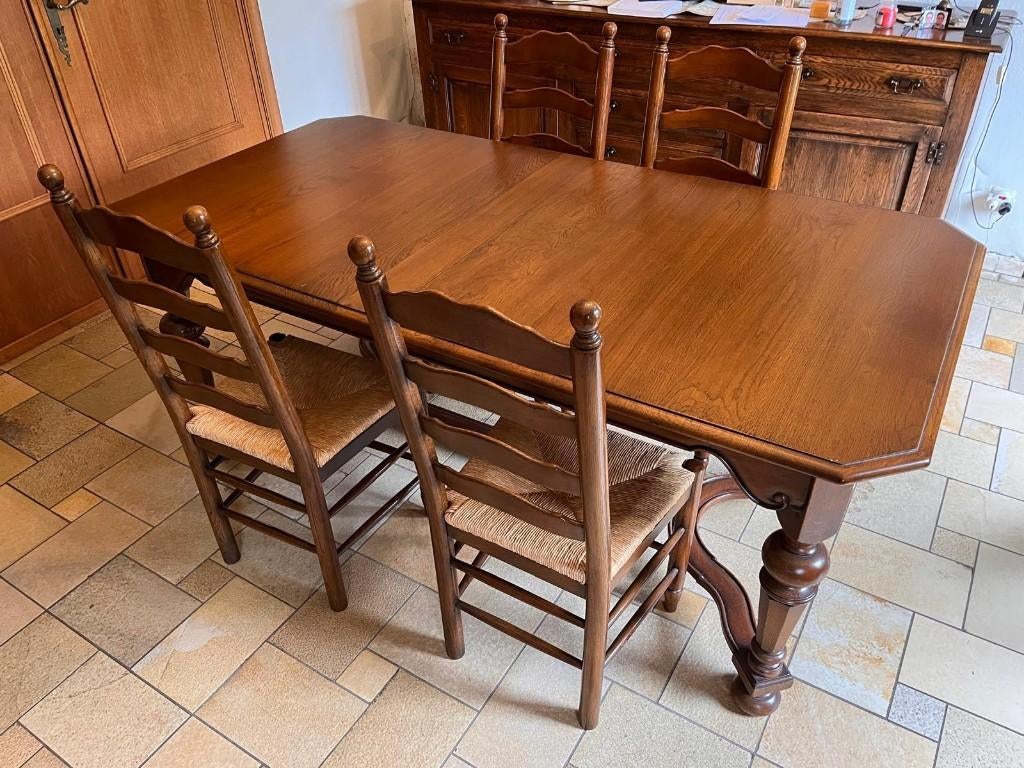 Uitschuifbare eiken eettafel + 4 stoelen (landelijke stijl), Ophalen