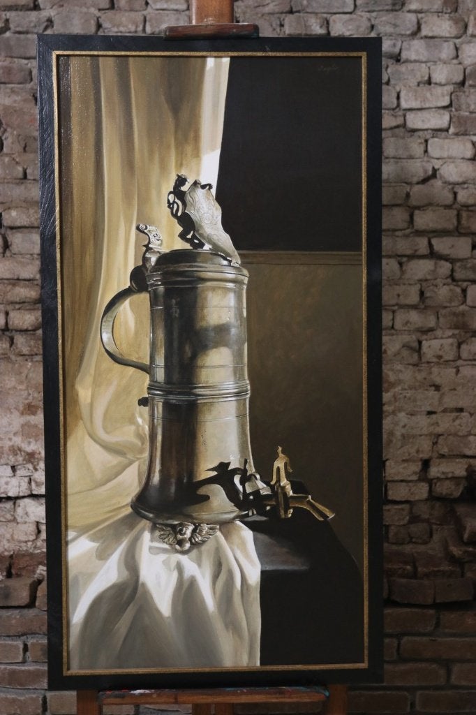 Stilleven tinnen Schleifkan – Marjolein van den Berg, Antiquités & Art, Textile, Signé, Peinture acrylique, Enlèvement