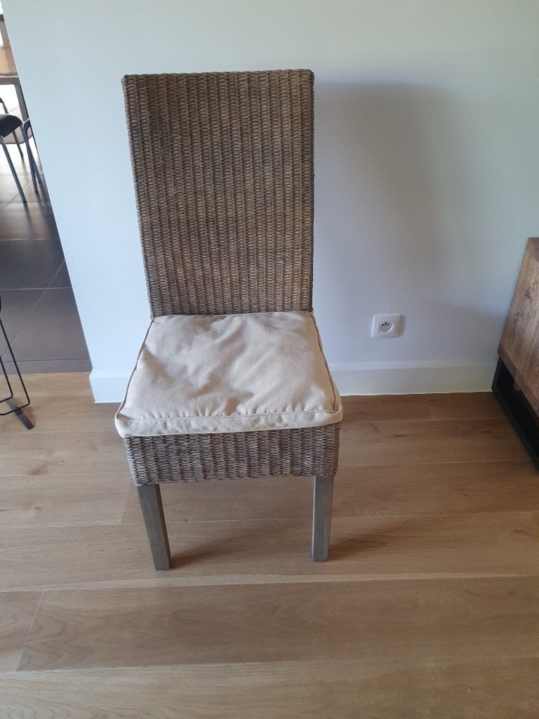 6 rieten stoelen met kussens, Huis en Inrichting, Stoelen, Ophalen, Gebruikt, Riet of Rotan, Vijf, Zes of meer stoelen