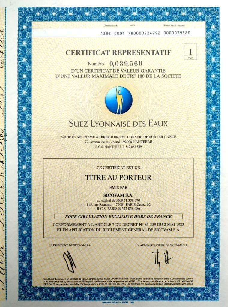 Suez Lyonnaise des Eaux ca.2000, Postzegels en Munten, Aandelen en Waardepapieren, Ophalen of Verzenden, 1970 tot heden, Certificaat van aandeel