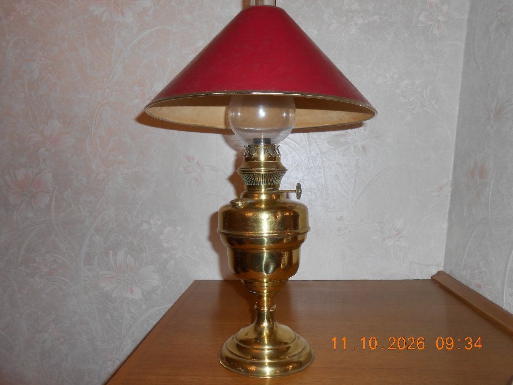 koperen antieke olielamp met glazen stulp, Antiek en Kunst, Ophalen