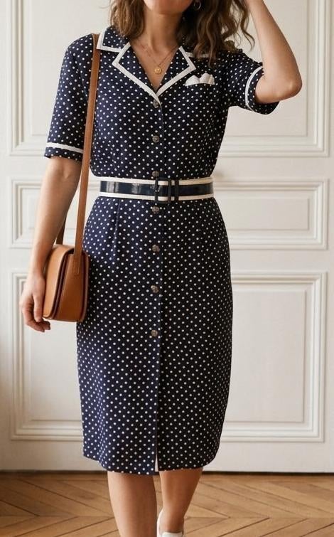 vintage blauwe polkadot jurk + riem, Kleding | Dames, Maat 42/44 (L), Nieuw, Vintage, Knielengte