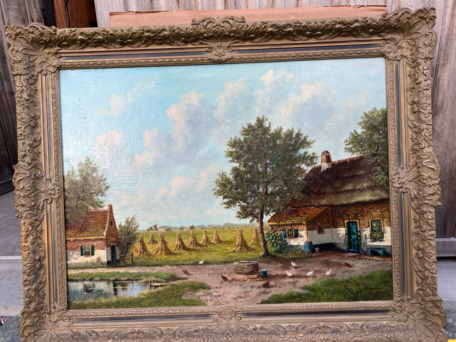 Antiek schilderij met boeren voorsteling, Ophalen, Realistisch, Overige ondergronden, Gesigneerd