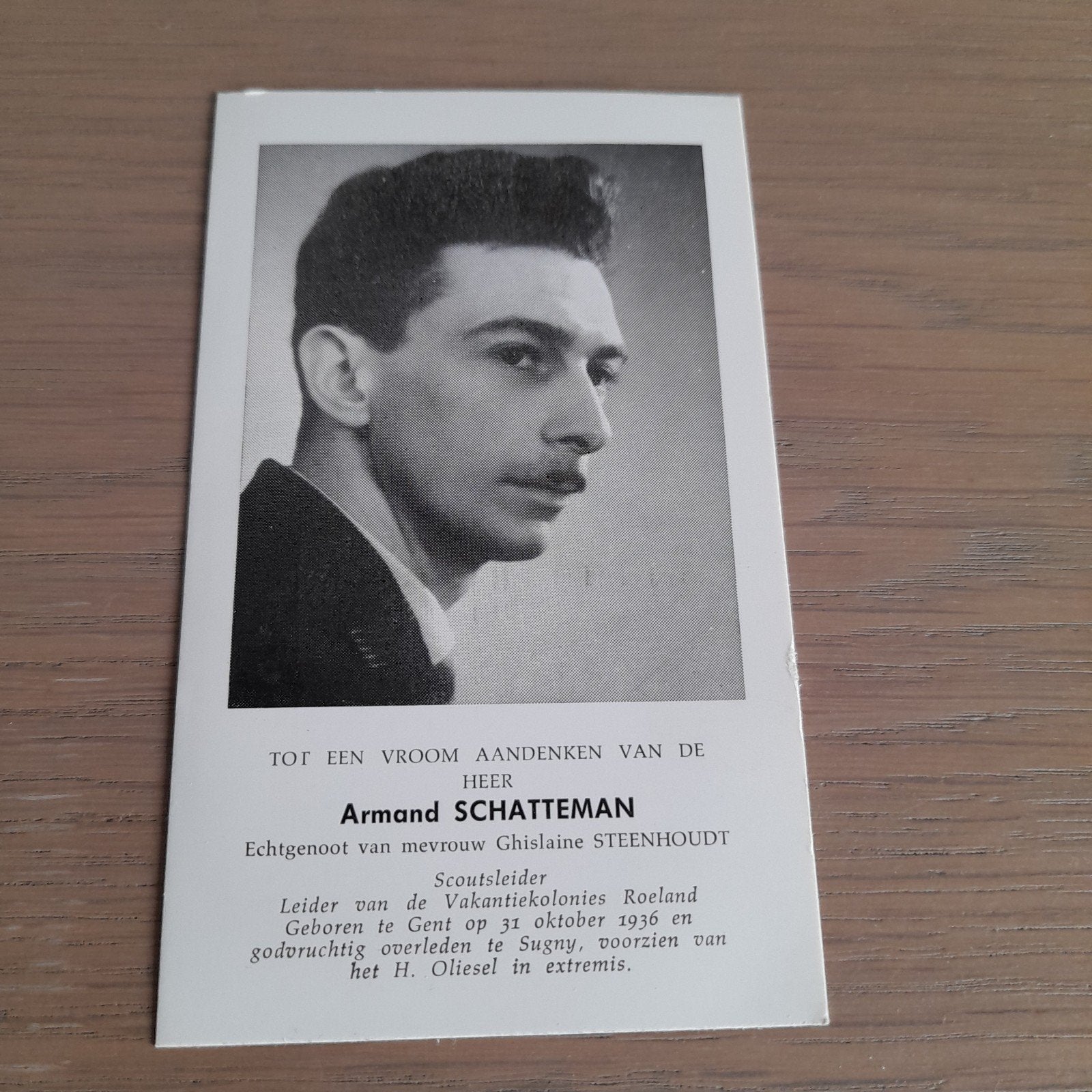 BP  Armand Schatteman - Gent 1936 - Sugny 1962. ongeval., Collections, Enlèvement ou Envoi, Image pieuse