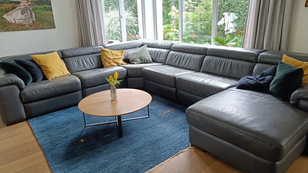 Groot grijs lederen salon met relaxfunctie : 3m x3,80, Ophalen, Gebruikt, Leer, Modern