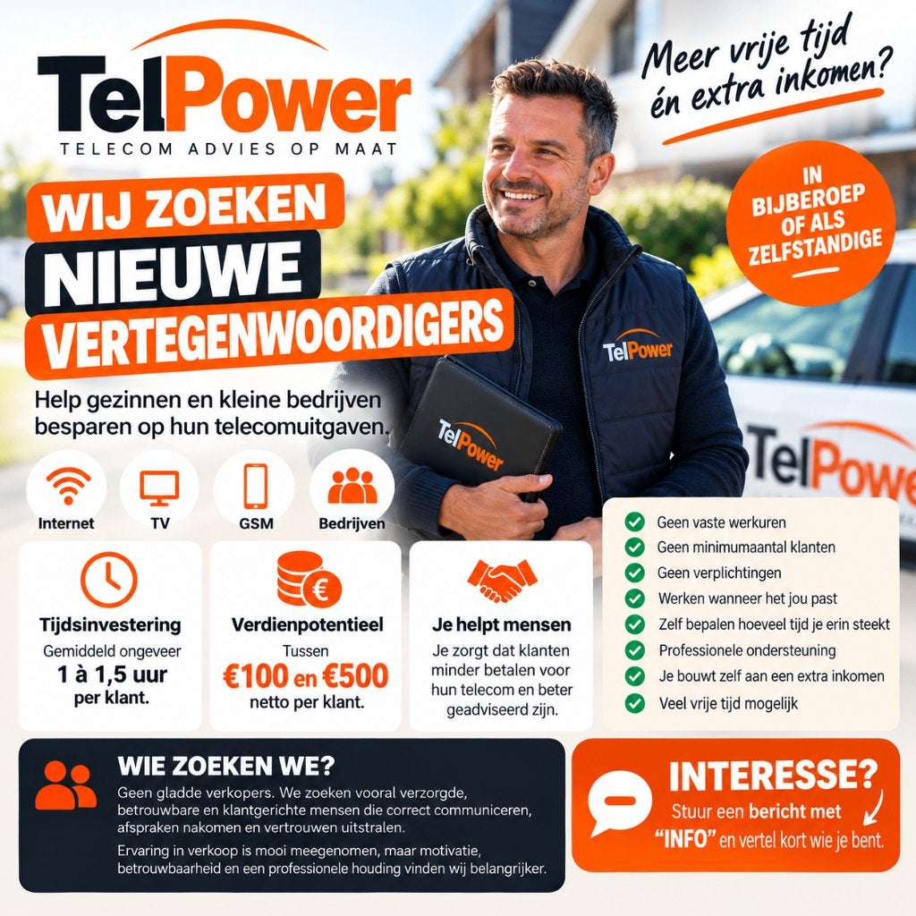 Vertegenwoordiger Telecom – Bijberoep of Zelfstandig, Overige uren, Starter, Overige vormen