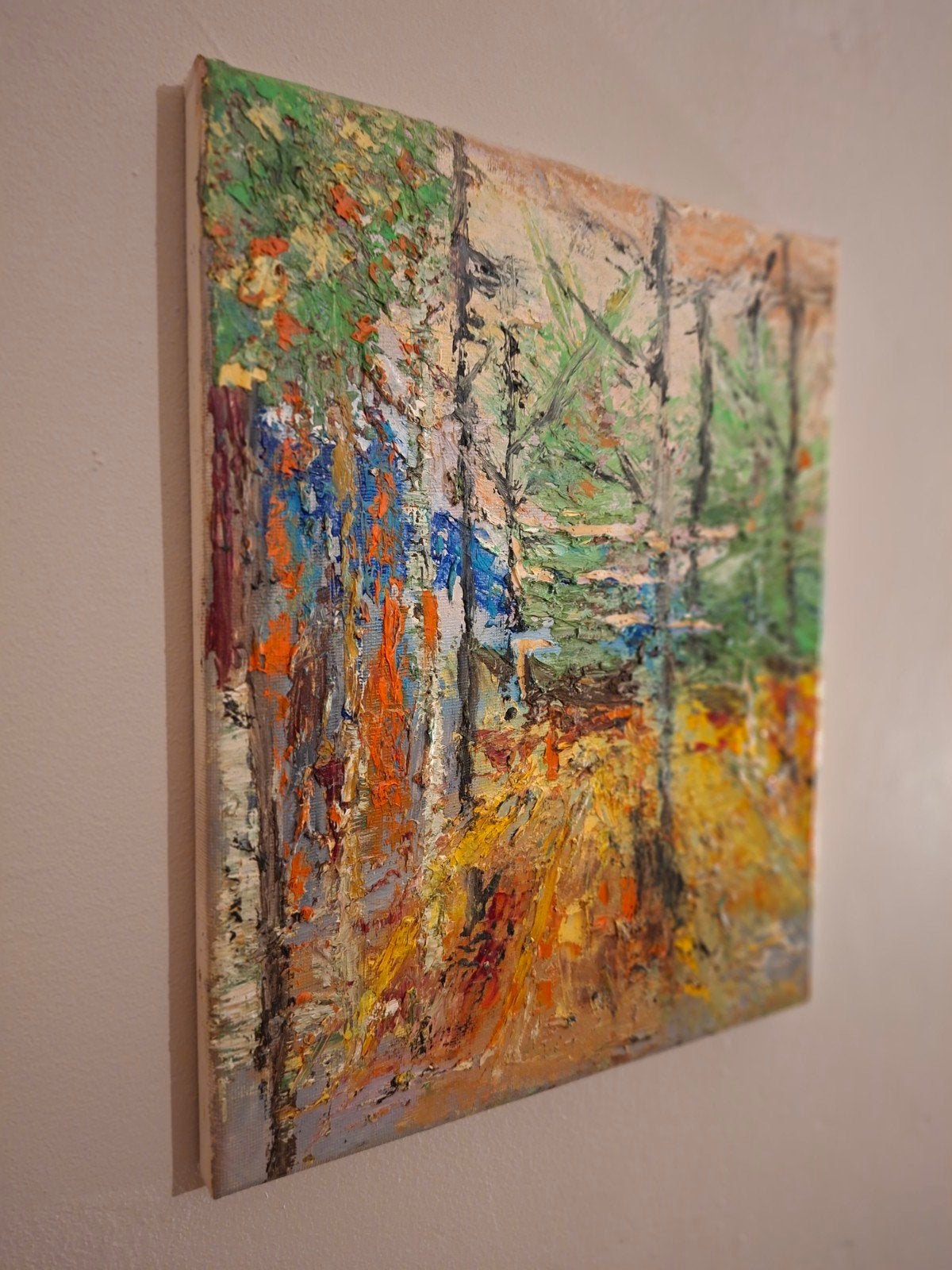 Sfeervol Boslandschap – Kleurrijk Schilderij met Structuur, Antiek en Kunst, Ophalen of Verzenden
