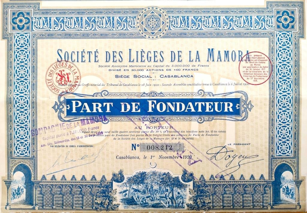 Société des Lièges de la Mamora 1920, Postzegels en Munten, Aandelen en Waardepapieren, Ophalen of Verzenden, Voor 1920, Aandeel