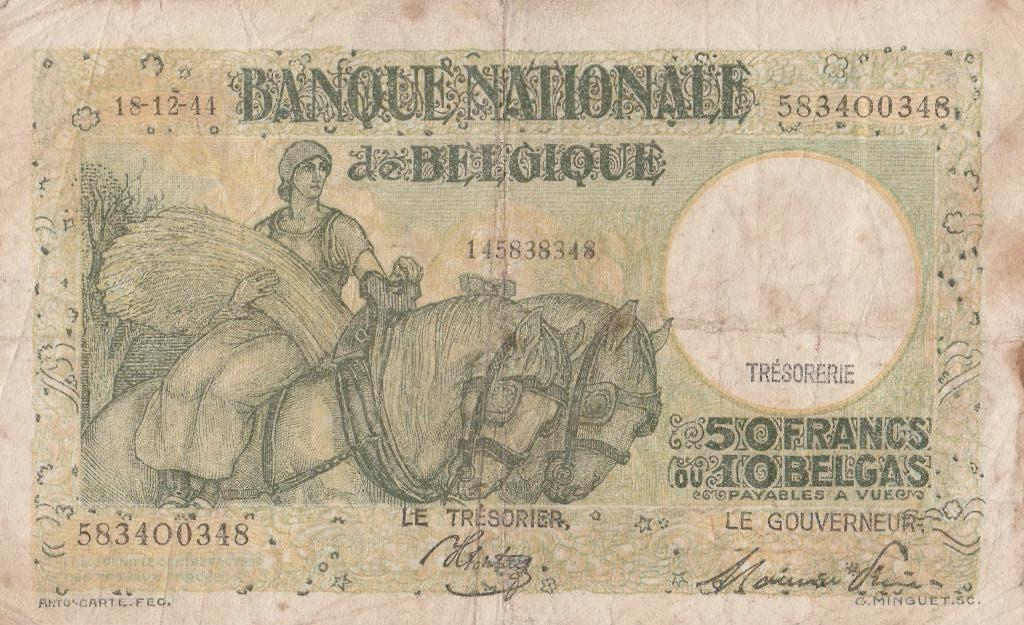 50 Frank/10 Belga 1944 – België, Ophalen of Verzenden, Los biljet