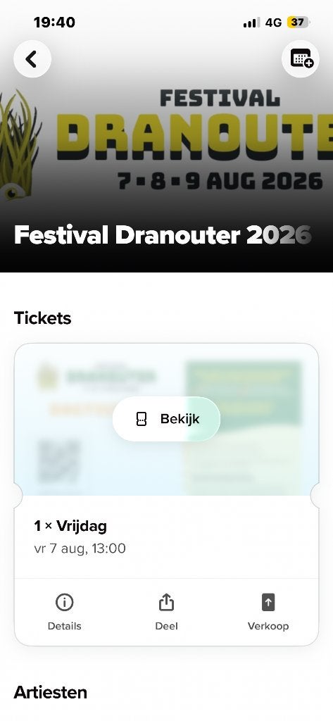 Vrijdag dagticket te koop Dranouter., Enlèvement ou Envoi