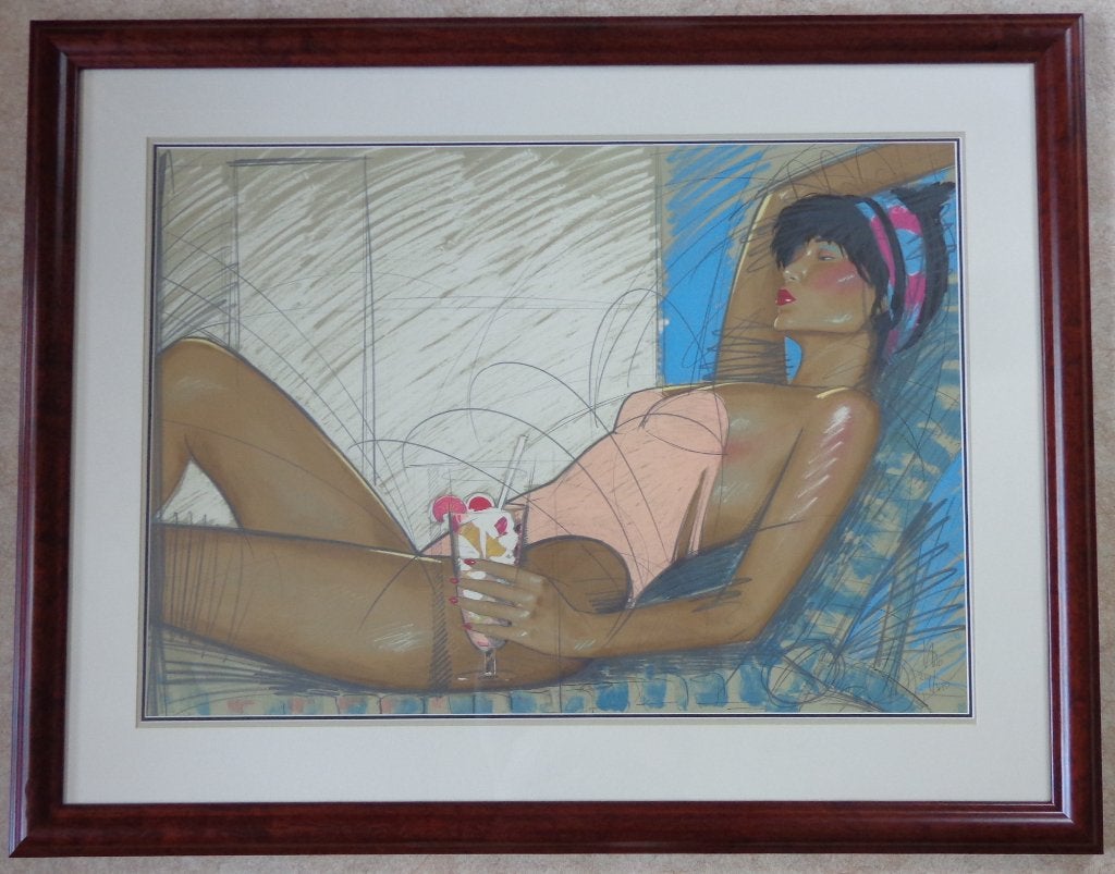NICO VRIELINK / ZONNEBAADSTER / KLEURLITHO / 98x125cm KADER, Gesigneerd, Ophalen