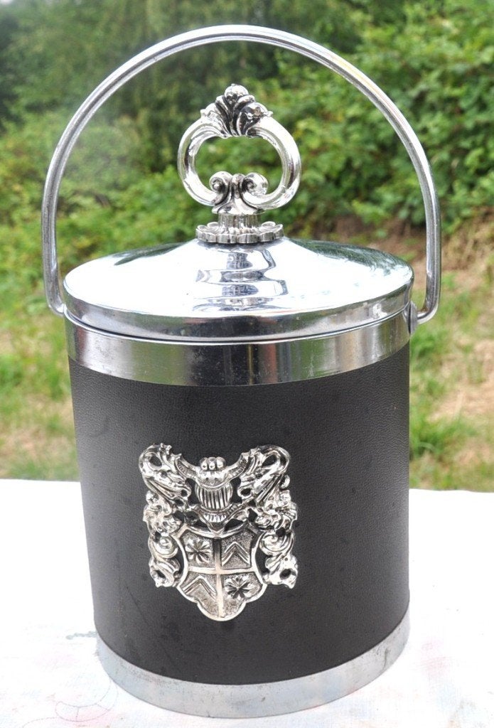 seau a glaçon plastique skaï et écusson, Vintage, Utilisé, Noir, Plastique
