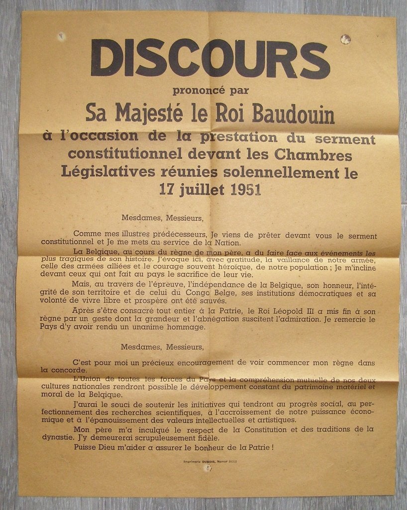Postertoespraak van koning Boudewijn 17-7-1951, Verzamelen, Koningshuis en Royalty, Ophalen of Verzenden, Gebruikt, Overige typen