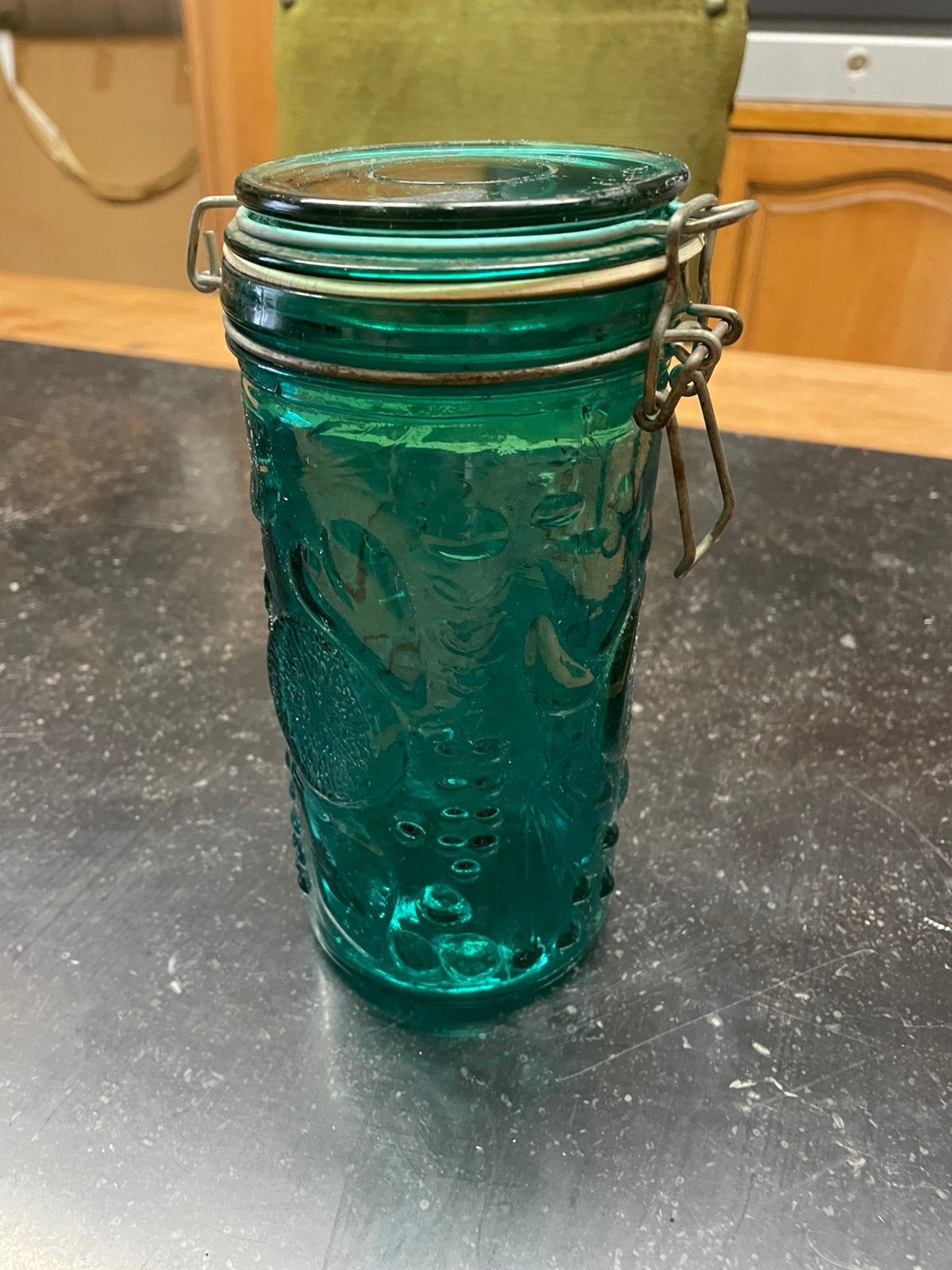 Grand Bocal Vintage en Verre Turquoise annee 60/70, Enlèvement ou Envoi, Comme neuf, Fer