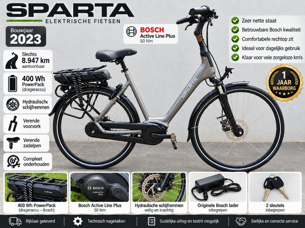Sparta e-bike 2023 – Bosch active plus– maat 53 –400 Wh accu, 50 km par batterie ou plus, Comme neuf, Enlèvement, 51 à 55 cm