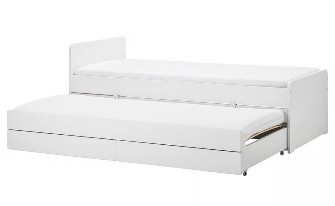 1 persoonsbed met extra bed in lade + opbergers, Ophalen, 90 cm, Eenpersoons, Wit