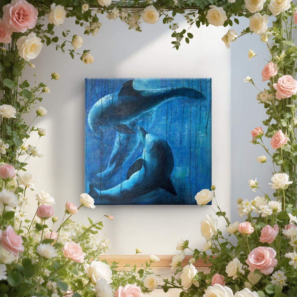 Peinture dauphin/océan peinte à la main sur toile 80x80, Enlèvement ou Envoi, Bleu