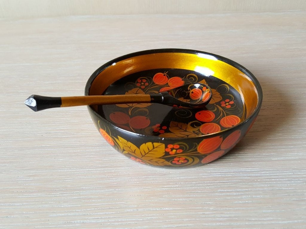Set vintage bol et cuillère en bois Khokhloma Art Populaire, Enlèvement ou Envoi